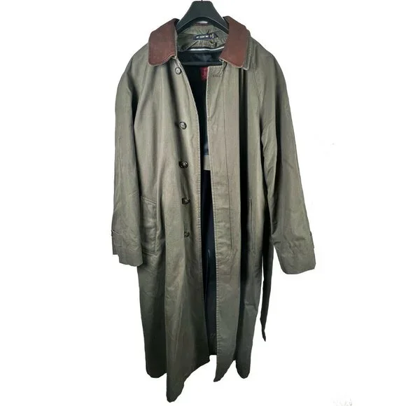 JOS. A. BANK Rainwear Mens 42L Trench Coat Olive Green Zip Liner Leather Collar - Picture 1 of 5